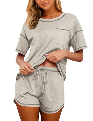 Image of KCW Pajamas for Women Set 2 Piece 100% Cotton Lounge Sets Short Sleeve Top and Shorts Pj Set Sleepwear Outfits