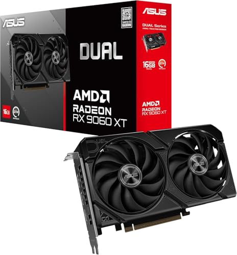 ASUS Dual AMD Radeon RX 9060 XT, Scheda Grafica 16G GDDR6, 128 Bit, PCIe 5.0, 1 HDMI 2.1, 2 DisplayPort 2.1, Ventole Axial-Tech, Tecnologia 0db, GPU Tweak III, Nero, DUAL-RX9060XT-16G