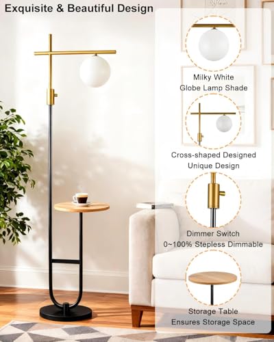Image of Lightdot 66IN Gold&Black Dimmable Floor Lamps with Storage Table, Modern Standing Tall Lamp with Milky White Globe Lampshade, Cross-Shaped Lamp Head and U-Pole Base Style for Living Room /Bedroom