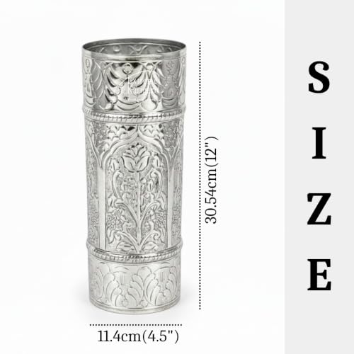Image of Cylindrical Shape Aluminum Flower Vase for Home Decor, Traditional Embossed Metal Flower Pot for Office Table Decorations,Gift for Festival, 9 inches, German Silver (Large)