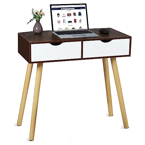Image of Shoppee Engineered Wood Desk with 2 Drawers for, Computer Desk with Storage Shelves, Makeup Vanity Desk, Modern Writing Study Table Home Office Desks for Bedroom (Brown White)