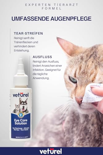 Veturel Augenpflege-Lösung für Katzen und Hunde | 100 ml Beruhigt Augeninfektionsallergie, lindert trockene Augen, rosa Augen, Tränenfleckenentferner Tropfen für Hunde | Kätzchen- und Welpenpflege