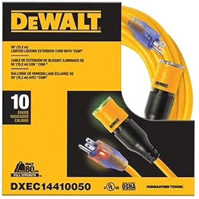 DEWALT 50 Foot Extension Cord Lighted Click-to-Lock 10/3 SJTW - Heavy Duty Outdoor, Waterproof, Weatherproof, Heat & Corrosion Resistant Industrial Strength Light Up Three Prong Outlet Plug Power Cord