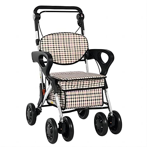 Care-parentsシルバーカー 座れる 軽量 折り畳み 4輪 手押し車 アルミ製 高さ調節 新型ブレーキ カゴ付き 防水座面 買い物カート お年寄り 散歩 花見 ホワイトチェック柄(CP-005A)