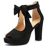 fereshte Women's Bow Chunky Heel Sandals, Platform High Heel, Peep Toe, 3.94 Inch Block Heel Black 43 - US 10.5