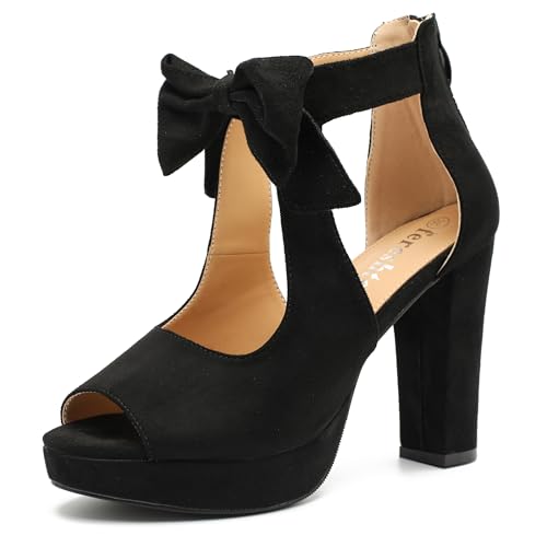 Image of fereshte Women's Bow Chunky Heel Sandals, Platform High Heel, Peep Toe, 3.94 Inch Block Heel
