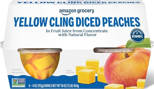 Amazon Fresh, Yellow Cling Diced Peaches in Fruit Juice, 4 Oz Bowls (Pack of 4) (Previously Happy Belly, Packaging May Vary)