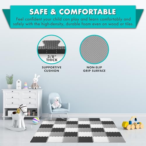 Image of ProSource Baby Play Mat, Soft Foam Floor Tiles for Kids, Interlocking EVA Panels for Playpen Use, Crawling Development Surface, Safe Non-Toxic Toddler Flooring, 32 Tiles, Black /Gray /White