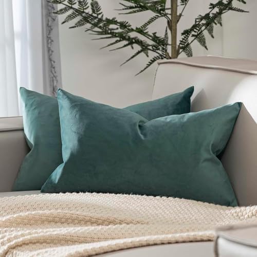 Image of JUSPURBET Velvet Pillow Covers 14x24 Set of 2 Decorative Couch Cushion Covers with Hidden Zipper Soft Throw Pillow Cases for Modern Home Decor,Emerald