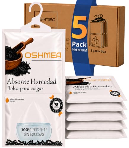 Bolsas Antihumedad Armarios PREMIUM con CARBÓN ACTIVADO - Deshumidificador Armario, Antihumedad para Armarios y Habitación, Elimina Moho y Malos Olores en la Ropa, Perchas Antihumedad - OSHMEA® Pack 5