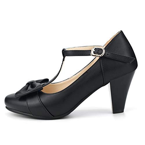 Women Bow Vintage Shoes Block Black High Heels Mary Janes Closed Toe T-Strap Pumps Comfort Rockabilly Shoes2
