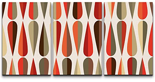 wall26 - 3 Piece Canvas Wall Art - Mid-Century Modern Style Retro Seamless Pattern with Drop Shapes in Tones - Modern Home Art Stretched and Framed Ready to Hang - 24