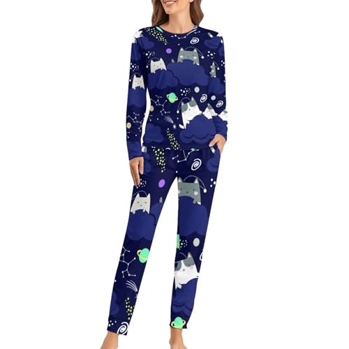 Pyjama Femme Planète des Chats ensemble manches longues contre le froid nocturne