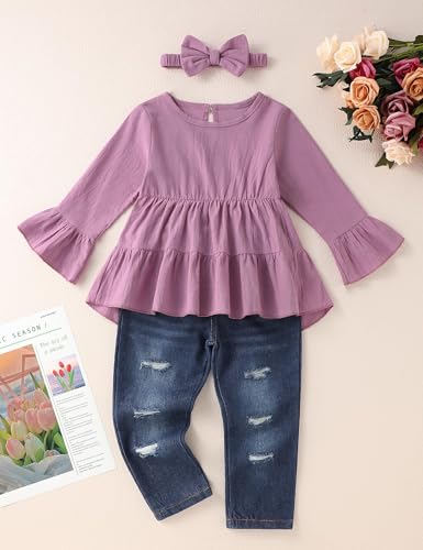 Image of Toddler Girl Clothes Long Sleeve Ruffle Dress Top and Jeans Pants Toddler Girl Fall Outfits