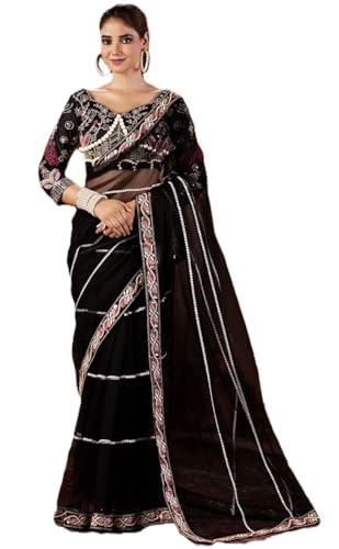 Image of Pandadi Saree Women's Net Embroidery Work Saree With Unstitched Blouse Piece