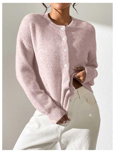 Image of SweatyRocks Women's Fall Button Down Lightweight Cardigan Ribbed Knit Long Sleeve Crew Neck Sweater