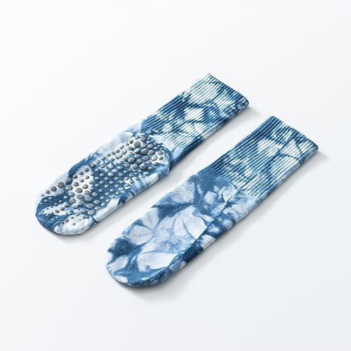 Yoga Pilates Socks with Grips for Women Non Slip Colorful Tie Dye Cushioned Crew Socks for Barre Ballet Dance (Tie Dye Blue) - Thumbnail 7