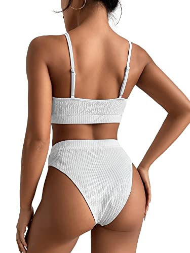 Image of Lilosy High Waisted Tummy Control Ribbed Bikini Crop Top Brazilian Swimsuit Set 2 Piece