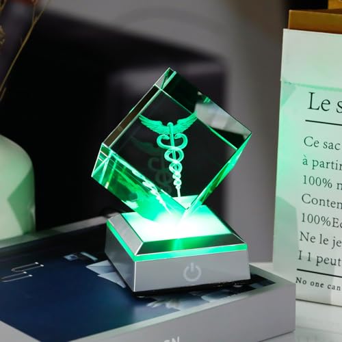 YWHL 3D Laser Engraving Crystal Caduceus Figurine for Doctors - Doctors Day Appreciation Gifts for Medical Professionals, White Coat Ceremony, Graduation Gifts for Medical Students