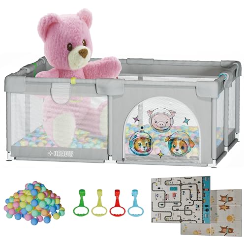 URADIS Parque Infantil Bebe 120x160 cm - Corralito con Alfombra Acolchada y Antideslizante, 50 Bolas y 4 Agarraderas - Parque de Juegos con Malla Transpirable - Espacio Seguro para Bebés