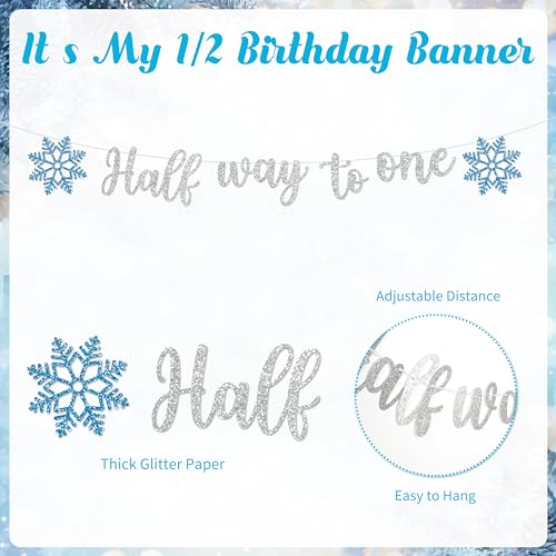 Image of 1 /2 Birthday Snowflake Half Birthday Decorations - Snowflake It's My 1 /2 Birth Banner Glitter Cake Topper Tassel High Chair Banner & Crown, Hat Halfway to One Boy Girl Party Supplies