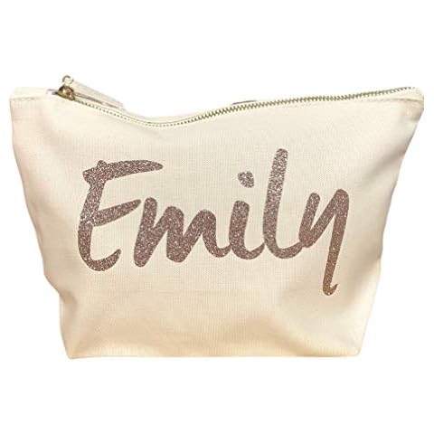 Personalised Name Make Up Accessory Bag in Black or Natural Colour Any Name Metallic or Glitter Print The for Any Occasion, Christmas, Birthdays Weddings (Natural Bag, Glitter Rose Gold) Cover