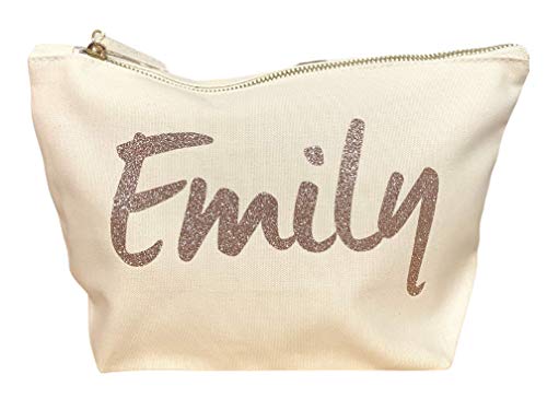 Personalised Name Make Up Accessory Bag in Black or Natural Colour Any Name Metallic or Glitter Print The for Any Occasion, Christmas, Birthdays Weddings (Natural Bag, Glitter Rose Gold)