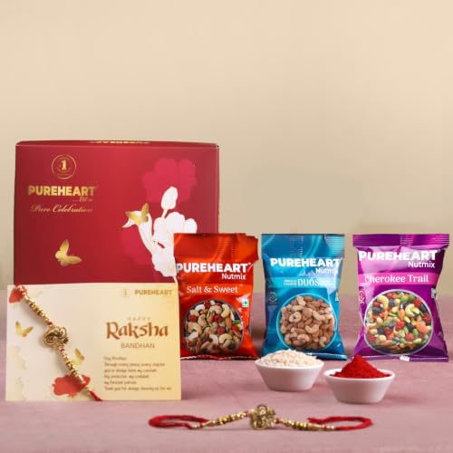 Image of PUREHEART Rakhi Gift Hamper- Vanilla Cashew & Choco Almonds, Cherokee Trail Mix, Sweet & Salt Nutmix (25 g Each) with Chocolate and Floral Rakhi for Brother, Gift Card, Pooja Rice, Kumkum - Crunchy Dry Fruits and Nuts
