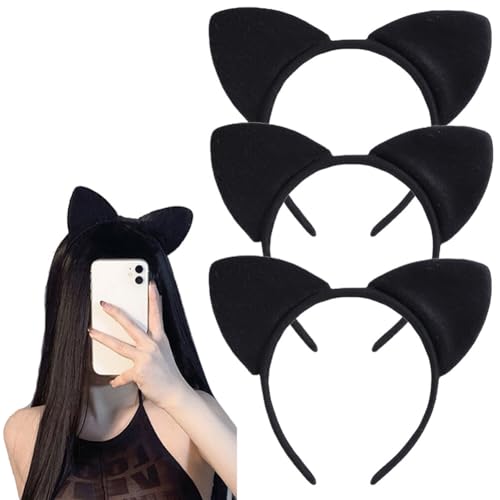 Elandy 3Pcs Black Cat Ears Headbands Women Soft Padded Cute Ears Hair Hoops Headwear Hair Accessories for Cosplay Party Costume Daily Decorations