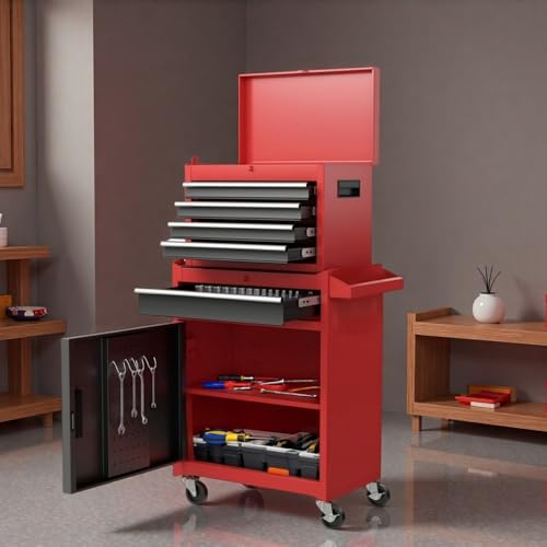 Trygoal Tool Chest, 5-Drawers Rolling Tool Storage Cabinet with Lockable Wheels, Detachable Top, Adjustable Shelf & Locking Mechanism, Multifunctional Tool Cart for Garage Warehouse, Red by Trygoal - Used condition - Image 4