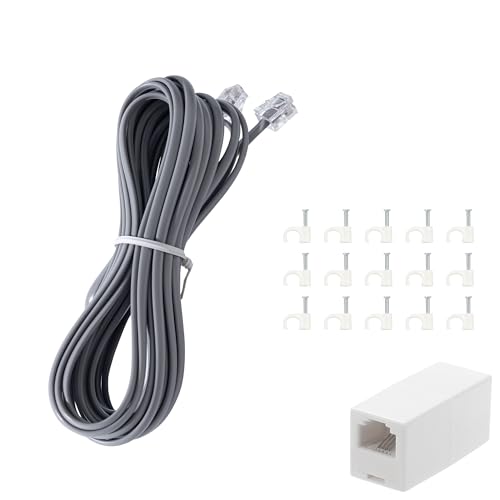 ZTOXLR Phone Extension Cord 15 FT Long Phone Cable Line Wire, with Standard RJ11 Plug andIncludes Telephone Inline Coupler RJ11 Splitter and 15 Cable Clip Holders, Grey