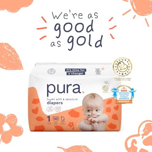 Image of Pura Baby Diapers Size 1-160 Count, 7-14lbs, 12hr Leak Protection, Gentle Newborn Diapers, Hypoallergenic & Sensitive Baby Skin, Toxin-Free*, Blowout Blocker, Wetness Indicator