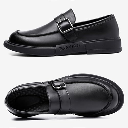 Men's Black Leather Buckle Flat Dress Loafers Comfortable Round Toe Soft Bottom Non-Slip Slip-On Formal Shoes Suitable for Business Work and Leisure3