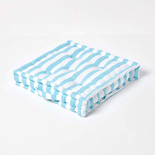 HOMESCAPES - Thick Stripe Blue - 100% Cotton - Large Floor Cushion - Medium Cornflower Blue - 50 x 50 x 10 cm Square - Indoor - Garden - Dining Chair Booster - Seat Pad Cushion