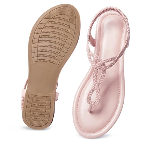 Image of iCKER Womens Braided T‑Strap Flat Sandals Elastic Stretch Ankle Strap | Boho cute casual lightweight and comfort matches dresses for beach vacation