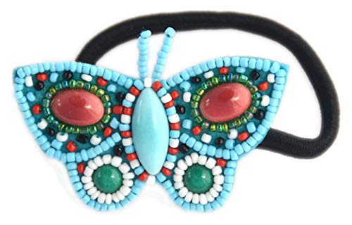 Coletero joya con perlas de vidrio y elástico de mariposa turquesa C002