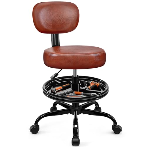 Image of BestGlory Shop Stool with Wheels for Garage, Mechanics Rolling Chair with Backrest, Adjustable Height Heavy Duty Garage Stool with Footrest and Storage Tray, Swivel Task Chair for Workshop Salon