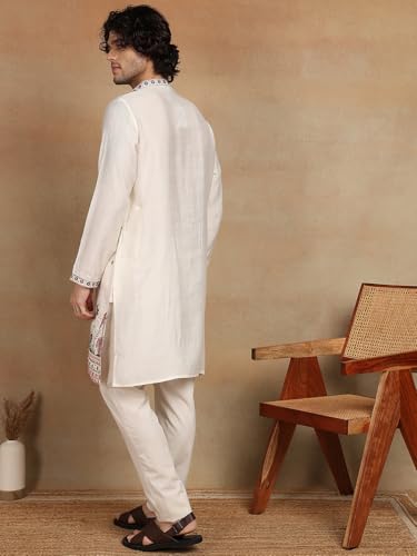 Image of Amazon Brand - Tavasya Men Printed Kurta with Ethnic Motif Border | Special Haldi Kurta | Festive Embellished Long Kurta | Embroidery Kurta | Ethnic Wear | Mandarin Collar | Knee Length