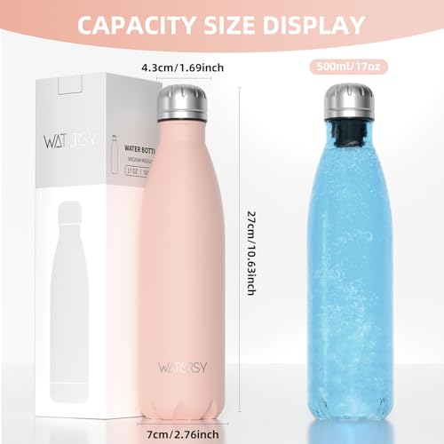 Image of WATERSY Stainless Steel water bottles,17oz /500ml Insulated Water Bottles,Pink metal water bottle Keeps Drink Cold and Hot,BPA Free kids water bottles for School,Gym,Travel,Sports