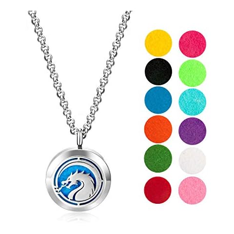 Wild Essentials Fire Dragon Essential Oil Diffuser Necklace, Stainless Steel Locket Pendant with 24 inch Chain, 12 Color Refill Pads, Customizable Color Changing Perfume Jewelry for Aromatherapy Cover