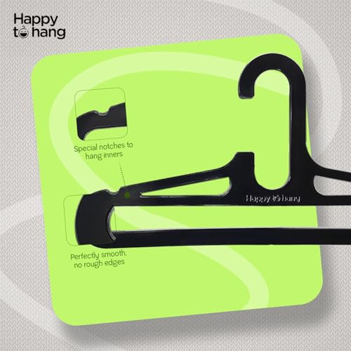 Image of Happy To Hang Champknight Plastic Cloth Hangers | Benzer Model Black Multi-Utility Hanger Set for Clothes Hanging, Wardrobe, Cupboard & Almirah | Pack of 12