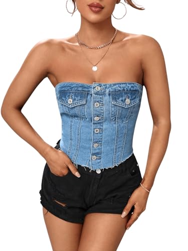 GORGLITTER Women's Denim Corset Top Y2K Strapless Button Up Crop