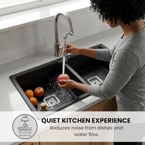 Image of GLOXY Premium Quartz Granite Double Bowl Kitchen Sink 45x20x9 Inch - Black Matte Finish Double Bowl Quartz Sink With Drainer Basket, Coupling Hose Pipe - Scratch Resistant Undermount & Topmount Sink