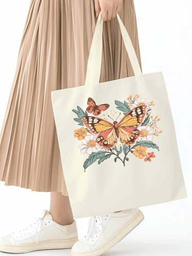 Boho Vintage Flower Butterfly Canvas Tote Bag, Aesthetic Canvas Tote Handbags for Women Shoulder Bag2