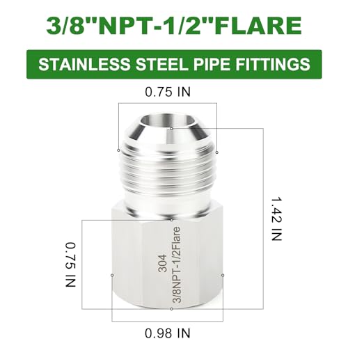 Image of TAISHER 2PCS Forging of 304 Stainless Steel Tube Flare Fittings, 1 /2 inch Male Flare x 3 /8 inch NPT Female, Half Union