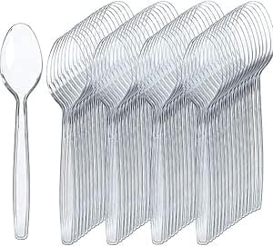 Pack of 100 Heavy Duty Clear Reusable and Washable Spoons Cutlery Tablespoon Perfect for Parties and Basic Everyday Tableware and Dinnerware