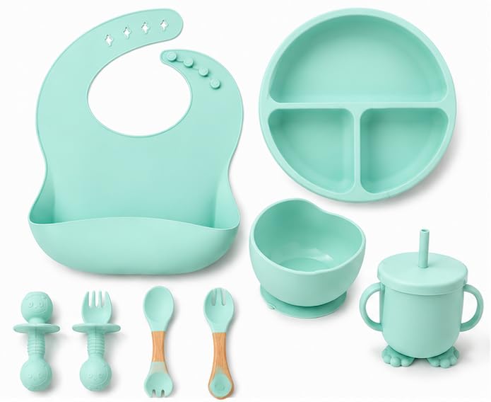 Children Feeding Set with Bowl, Plate, Spoon, Fork, Bib, Cup and Tableware for Infants & Toddlers Pack of 8 (Blue)-image-40