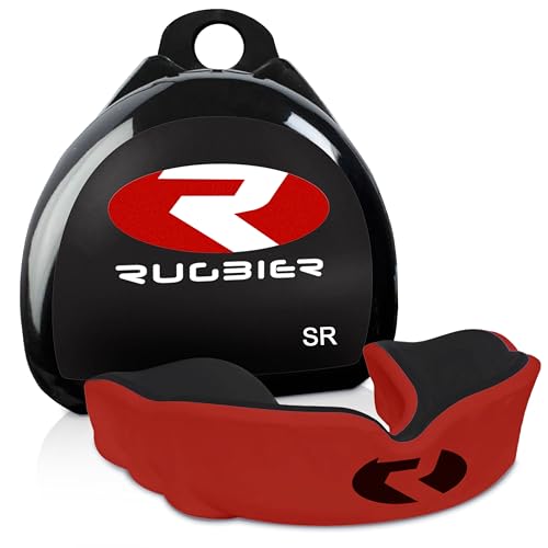 RUGBIER - Protector Bucal Rugby - Dual Gel Termo Moldeable - Talla Adultos y Niños - Unisex - Protección Dental Avanzada (ROJO/NEGRO, SENIOR)