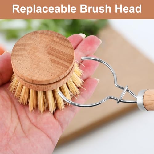 Image of Bamboo Dish Brush with Handle,Natural Kitchen Brushes with 3pcs Replacement Heads, Horsehair, Sisal, Palm,All Purpose Kitchen Scrub Brush,Fruit and Veggie Brush Scrubber