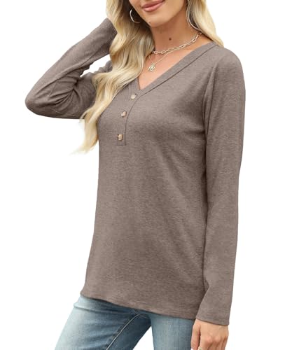 Womens Tops Long Sleeve Shirts Fall Winter Casual V Neck Button Knit Pullover Lightweight Tunic Blouse3